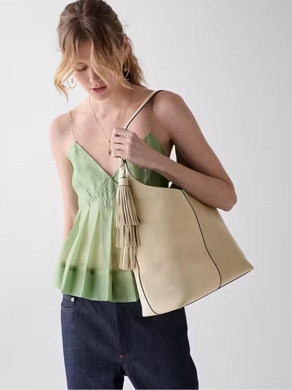 Kate Spade 454 Large Shoulder Bag with Suede Fringe Charm Light Sand